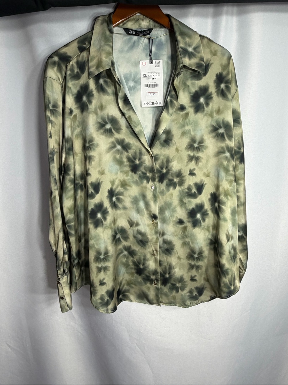 Zara Olive Green Floral Tie-Dye Button-Down Shirt size XL NWT
